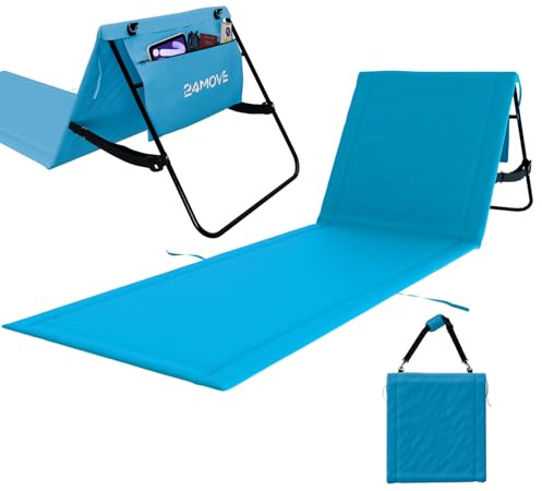 24MOVE Strandmatte Natal faltbar mit Rückenlehne, blau, 180 x 54 cm | Klappbare Strandliege mit verstellbarer Rückenlehne, 120 x 54 cm Liegefläche, Tragegurt und praktischer Reißverschlusstasche