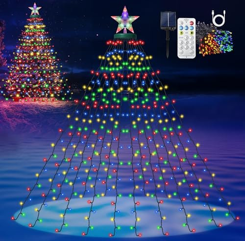 HELESIN 410 LED Solar Lichterkette Weihnachtsbaum Beleuchtung mit Sterne 8 Modi Timer USB aufladbar wasserdicht Christbaumbeleuchtung mit ring für 150 bis 250cm Tannenbaum Innen Außen Mehrfarbig