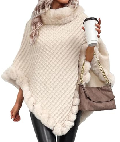 AMOUSDRDR Poncho de piel sintética para mujer, elegante tejido gofre térmico, dobladillo redondo, cuello redondo, chal de piel cálida para otoño e invierno (albaricoque, M)