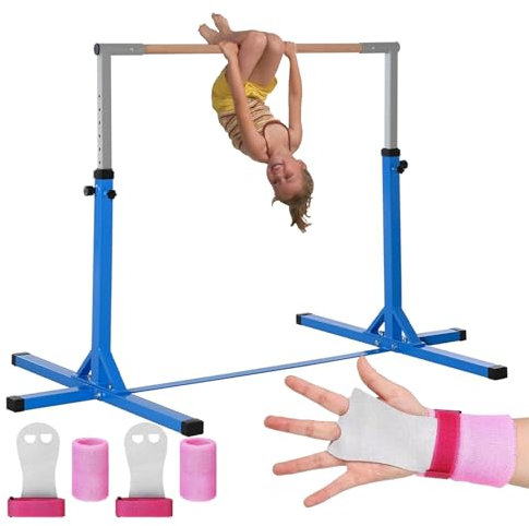 Gym Bar Barre Fixe de Gymnastique pour Enfant Bleue | 13 Niveaux Ajustables de 90 à 150 cm | En Acier et Bois Massif en Hêtre | Kit de Protection Offert | Usage Intérieur Extérieur | Aerobik