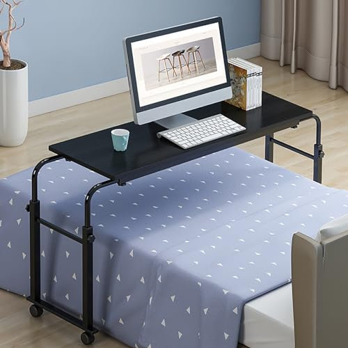 Verstellbarer Beistelltisch mit Rollen und Schwenkrollen, höhenverstellbar und breite, verstellbarer Schreibtisch mit neigbaren Paneelen, Beine aus Karbonstahl, MDF-Platten, 120 x 40 cm, Schwarz