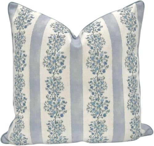 Jillien Harbor “The Juliet” Floral Block Print Pillow Cover – Soft Blue and Off-White Decorative Throw Pillow Cover – Grandmillennial Home Decor, 20 x 20