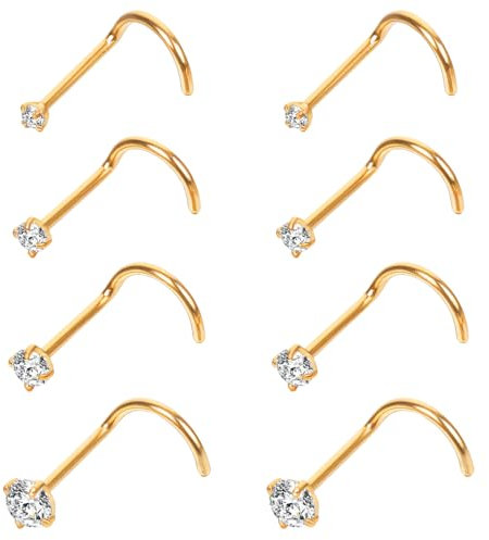 MBAIYO 8 Stück 20G Nasenpiercing Steck, 316L Chirurgenstahl Hypoallergen Nasenstecker Silber CZ L-Form Piercing Nase mit 1,5–3mm weiß Zirkonia Helix Nostril Piercing Stecker Schmuck für Damen (Gold)