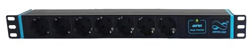 Infitronic INSV1016 19 Zoll PDU Steckdosenleiste 1HE mit Überspannungsschutz Typ 3, 7-Fach Stromverteiler Rack, 45° gedreht für Winkelstecker, 3680W 16A, Aluminiumgehäuse Schwarz, 2m Kabel