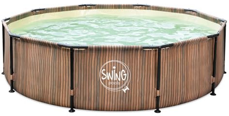 HAF Swing Metal Frame Piscine avec les dimensions 366 x 91 cm + skimmer | Aspect bois marron naturel | Capacité d'eau env. 8 300 l | Piscine de qualité supérieure | Piscine de jardin/hors sol sans