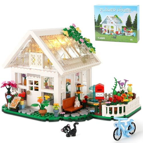 Ulikey Haus Bausteine mit LED Licht, Blumenhaus Bausteine Spielzeug, Klemmbausteine Haus mit Blumen Topfpflanzen Katze, Bauspielzeug Geschenk für Erwachsene Kinder ab 6 Jahre (Weiß, 632PCS)