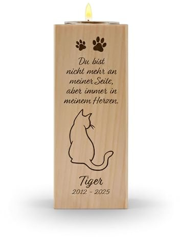 Trauerlicht Katze personalisiert – Graviertes Gedenklicht aus Holz, 12 cm | Andenken mit Name, Datum & Motiv, Teelichthalter, Geschenk für Tierfreunde