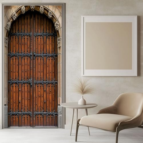 Puerta Mural 3D Puerta De Madera De Construcción Europea 77x200 cm Marrón Autoadhesivo Dormitorio Sala De Estar Baño Cocina, Calcomanía Arte Pegatina Puerta Película Cartel Impermeable