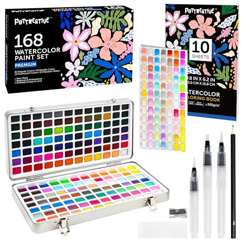 POTTREATIVE 168 Farben Aquarellfarben Set mit tragbarem Etui Ungiftiges Aquarellset für zu Hause und auf Reisen, einschließlich Malbuch, Zeichenstift, Pinsel für Künstler aller Niveaus