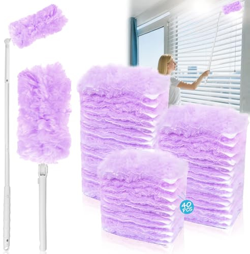 Ricarica magnete antipolvere compatibile con asta telescopica magnete antipolvere Swiffer per Swiffer Duster 360° tergicristallo antipolvere 40 panni e 1 manico telescopico per peli (Viola)