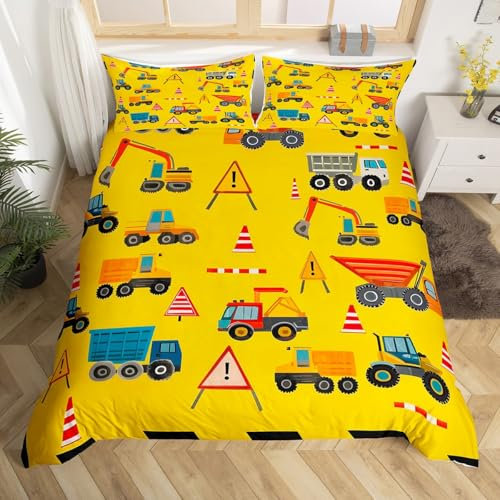 Homewish Kinder Bagger Bettbezug BAU LKW Bettwäsche Set für Kinder Jungen Traktor Raum Dekor,Ausrüstung Fahrzeug Tröster Abdeckung Maschinen LKW Bett Set,Gelb,135x200