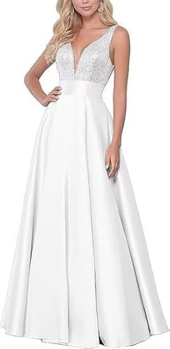 V-Ausschnitt Abendkleider Elegant für Hochzeit A Line Pailletten Satin Lang Brautjungfernkleider mit Schlitz