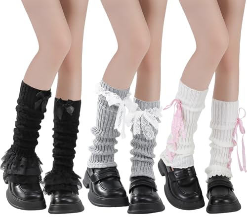 Jspupifip Kawaii Leg Warmers for Girls 3 Pairs, Y2K Lolita Ballet Leg Warmer Ribbed Knit Bow Cute Knee High Legwarmers for Harajuku Japanese Costume Party Accessory(Grey)