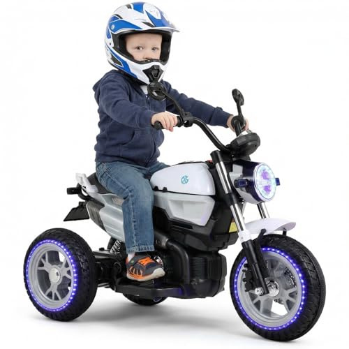 MAMIZO Elektro Kindermotorrad mit 2 Batterie, 110 x 58 x 81 cm, Dreirad Kindermotorrad mit Scheinwerfer, USB, Pedal, Musik, Elektromotorrad für Kinder mit Vor-und Rückwärtsgang, für 3-8 Jahre, Weiß
