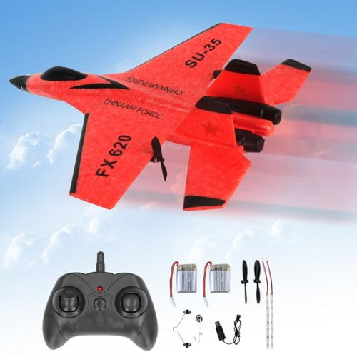 RNPKZ Remote Control Plane, 2CH 2.4Ghz RC Plane Remote Control Wireless Airplane Toy, RC Planes Ready To Fly, SU-35 Foam RCPlane with LED Light Strip, RCGlider Planes for Kids Beginners Adult (Red)