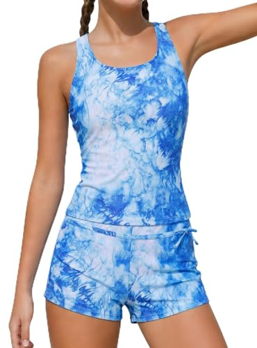 Ewbob Girls Swimming Costume Girls Tankini Swimsuit with Shorts for 5-14Y | 2 piece girls tankini with shorts quick-dry swimming costume for girls short swimsuits kids swim shorts swimwear for teenager