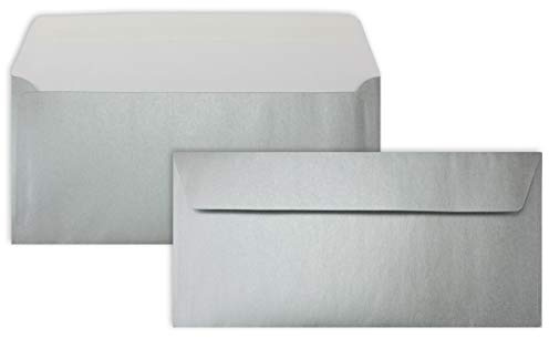 100 Silber-Metallic Brief-Umschläge DIN Lang - 11 x 22 cm - Haftklebung - glänzende Kuverts für große Einladungen und Karten, Hochzeit & Weihnachten