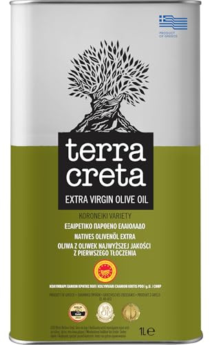 Terra Creta g.U. Extra natives Olivenöl aus Kreta - 1 Liter Kanister | Kaltgepresstes Olivenöl mit fruchtigem Aroma der Koroneiki Oliven - 1. Güteklasse - Traditionelle Herstellung in Kolymvari