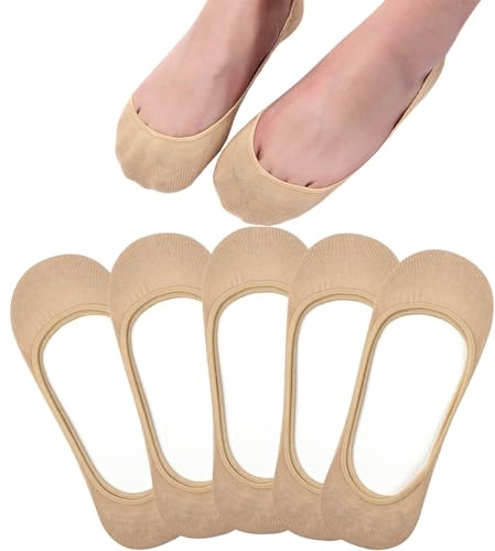 Toes Home No Show Socks Womens, Ultra Low Cut Liners Non Slip Footies for Flats Hidden Invisible Boat Summer Beige 5 Pairs