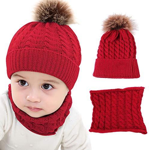 Bebé Sombreros Gorro de Punto para bebés de 2 Piezas Bufanda Calentador de Cuello Gorro de Invierno cálido Gorro de esquí Estados Unidos (Rojo)