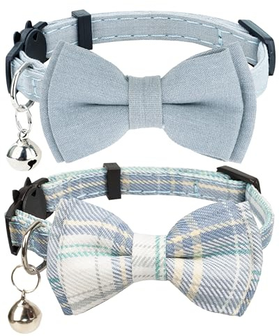 Gyapet Cat Collar Breakaway Bowtie Safety with Bell Adjustbale Kitten Puppy Solid Plaid Color Set D-[2pcs] Blue