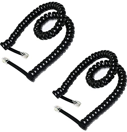 HPWFHPLF 2-Pack 6P6C RJ12 Coiled Telephone Cord, 1.6 ft (Unstretched) Male to Male Phone Cable for Landline, Modem, Fax, Office & Home, Gold-Plated Contacts (Black)