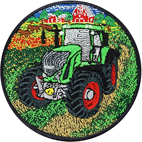 TRAKTOR Kinder Aufnäher/Aufbügler Bauernhof Bügelbild/Applikation zum annähen/aufbügeln | Jeans Flicken Bügelflicken Traktoren Geschenk Fahrzeug Spielzeug für Kindergeburtstag | 80x80mm