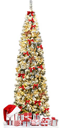 RELAX4LIFE Albero di Natale Slim 225cm, Albero di Natale con 350 Luci Incorporate, Albero Artificiale Innevato, Decorazioni Natalizie per Camino Home Office (225cm)