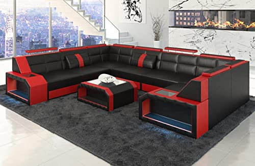 Sofa Wohnlandschaft Pesaro Leder - mit LED Beleuchtung, verstellbare Kopfstützen/Lederfarben wählbar/Ausrichtung Schenkel wählbar (Langer Schenkel links, Schwarz-Rot)