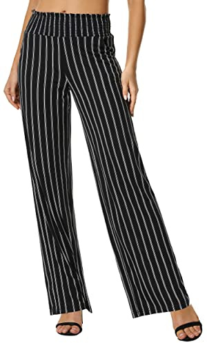 Damen Boho Gerade Beine Elastische Taille Palazzo Hose Freizeit Leichtes Yoga Loungehose mit Taschen