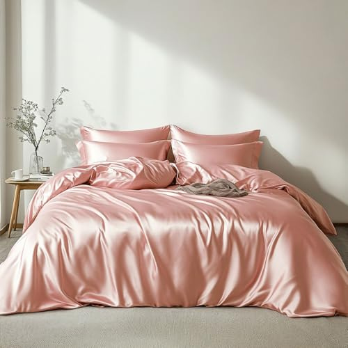 Lanqinglv Luxe Housse de Couette Satin 220 x 240 cm Rose avec 2 Taies d'oreiller 65x65cm Unie Parure de Lit Adulte Ado 2 Personnes Linge de Lit Satin de Soie Soyeux Brillante avec Fermeture Éclair