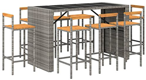 vidaXL Gartenbar Set 9-TLG., Gartenmöbel Bartisch 8 Barstühle, Stehtisch Barhocker für Garten, Sitzgruppe Gartenset, Grau Poly Rattan Massivholz Akazie