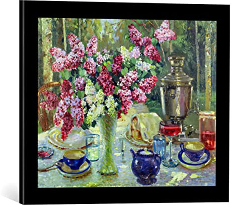 kunst für alle Bild mit Bilder-Rahmen: Russian School Stilleben mit Samowar im Sonnenlicht - dekorativer Kunstdruck, hochwertig gerahmt, 50x40 cm, Schwarz matt