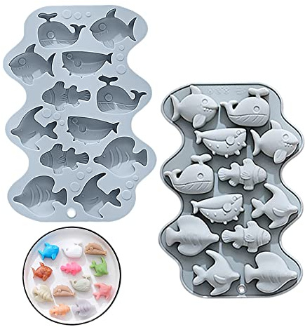 Fyfjur Silikon Schokoladenform, Silikonform Fisch, Pralinenform 6 Verschiedene Seefischformen, Silikonform Schokolade, Silikonformen für SüßIgkeiten, Schokolade, Gelee (Blau, 20.2 * 13.7 * 2cm)