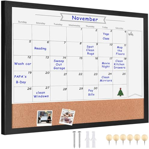 Umtiti Monthly Calendar Dry Erase White Board & Cork Bulletin Board，18 x 22　Black Wood Frame，Magnetic Surface Whiteboard.Perfect for Organizing Your Space.Whiteboard+Cork-4555A-BK