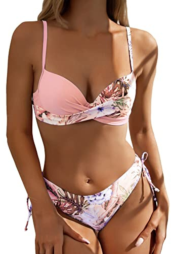GORGLITTER Women's Floral Print Wrap Push up Bikini Set Swimsuit High Cut Tie Knot 2 Piece Bathing Suits Swimwear Summer Pink L