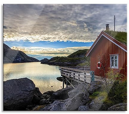 Sonnenaufgang am Fjord Norwegens Herdabdeckplatte & Spritzschutz aus Echtglas | Für Herd-Kochfelder | 60x52 cm