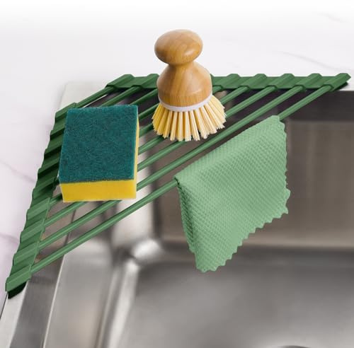 Tomorotec Dreieckiges Abtropfgestell, Faltbar, 304 Edelstahl, Silikon | Silikon beschichtet für Spülbeckenecke, Edelstahl-Organizer, Abtropfgestell und platzsparend für Küchenaufbewahrung