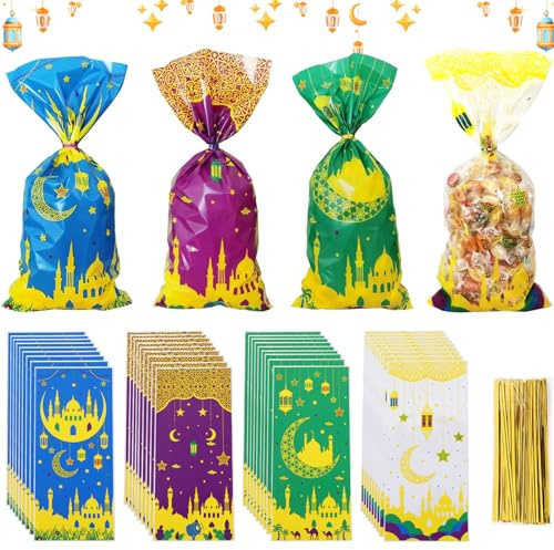 100 Stück Eid Mubarak Partytüten Geschenktüten, Geschenktaschen zu Ramadan, Cellophantüten Eid Mubarak, Plätzchentüten Ramadan Geschenktüten mit 100 Twist Krawatten Klein für Kekse Bonbons Geschenk