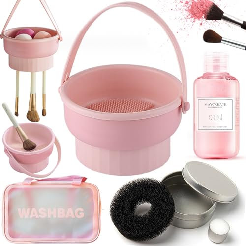 3-in-1 Makeup Pinsel Reinigungsmatte Multifunktionaler Trockenkorb mit Griff Silikon Reiniger Matte Reiniger Schwamm 150ml Professioneller Make-up Pinsel Reiniger (Rosa)
