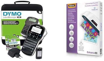 DYMO LabelManager 280 Tragbares Beschriftungsgerät im Koffer & Fellowes Laminierfolien A4 ImageLast, 80 Mikron, 100 Stück, transparent mit Ausrichtungshilfe