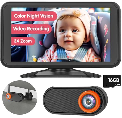 Luckview Spiegel Auto Baby Rückbank Kamera mit Videoaufzeichnung – 5.2 Baby Auto Spiegel 1080P HD, Vollfarbige Nachtsicht, 3X Zoom, rücksitz Kamera mit TF Karte & 360° Rotation