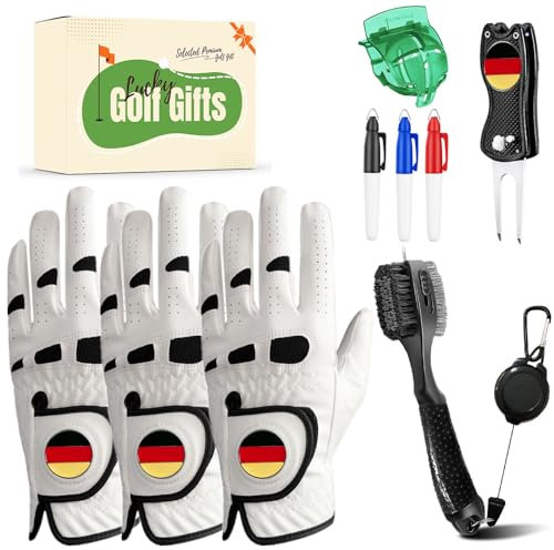 LOVMEAD Golf Handschuhe Männer Linke Hand mit Ball Marker für Rechtshänder Golfer 3-Pack und Pinsel Divot Tool Ball Marker Golf Ball Line Value Set mit Geschenkbox für Golfer Geschenke (Beige, XL)