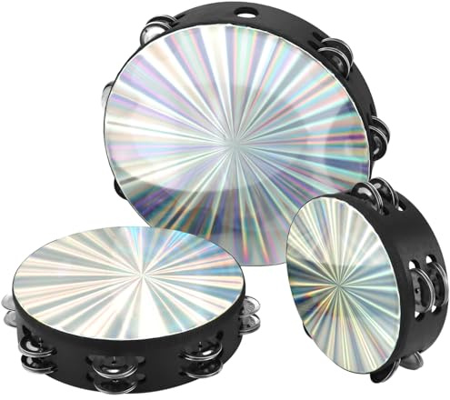 QWORK 3-Pack Wood Church Tambourine Set for Adults - 6, 8, 10 Sizes, Birch Wood Frame with Double Row Metal Jingles -Reflective Hand Drum Percussion Musical Instrument for Parties, Music Classes