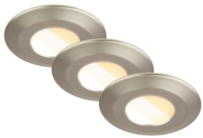 BRILONER - 3er Set LED Bad Einbaustrahler 230V Gehäuse 50% recycelt, Farbtemperaturwechsel, IP44, Ra90, LED Spot, flach, Deckenspots, Einbauleuchten, Badezimmer, 90x30mm (DxH), Nickel-Matt