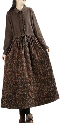 Vsadsau Damen Spleißen Cordkleid Vintage Langarm Revers Lose A-Linie Midi Kleider, coffee, M