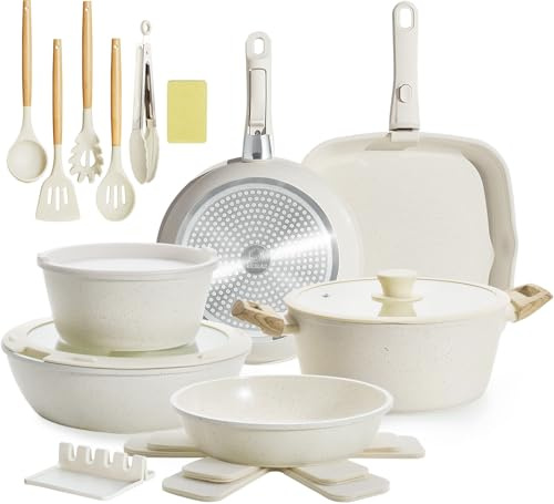BECIGAR 23pcs Ceramic Pots and Pans Set, Nonstick Detachable Handle Cookware, Induction Kitchen Cooking Set with Removable Handle,include Frying Pans & Saucepans Oven Safe, Induction, Stackable Set