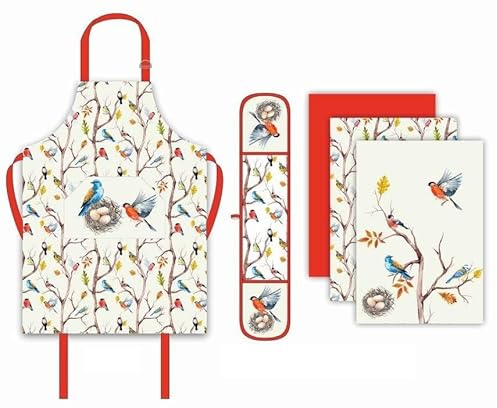 Premium Apron, Double Oven Gloves & Tea Towels Linen 5 Pcs Set | Quick Dry Kitchen Apron, Double Oven Gloves And Tea Towels, Perfect Kitchen Accessories For Cooking, Baking And Everyday Use