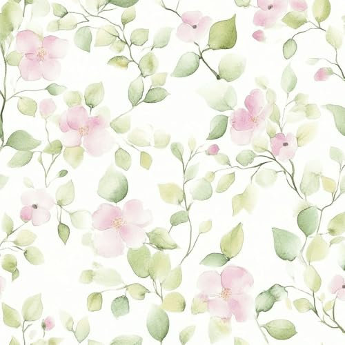 Selbstklebende Tapete Erfrischende Frühlingsblumen Mustertapete Rosa, grünliches Blatt Klebefolie Möbel Muster Tapeten Klebetapete Vinyl Wrap Wandtapete Wohnzimmer Schlafzimmer Möbelfolie Bunt Wasser