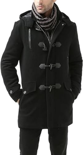 N LUXURY Wool Blend Hodded Toggle Coat - Men Benjamin Wool Blend Classic Style Duffle Coat (US, Alpha, Large, Regular, Regular, black)